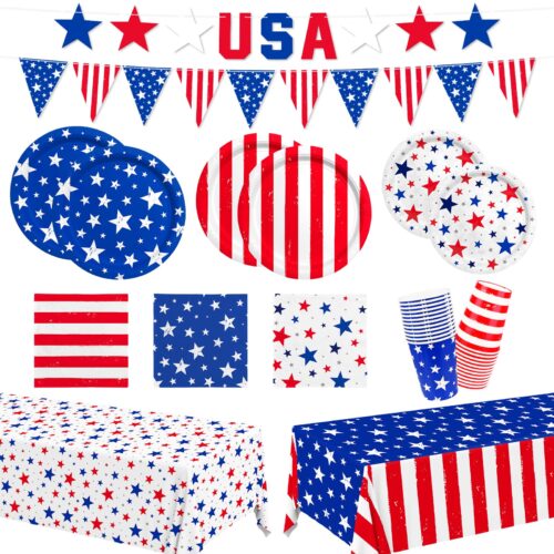 This American patriotic party decoration set includes star & stripe paper plates, cups, napkins, tablecloths and banners in vibrant red-white-blue, perfect for 4th of July and Memorial Day celebrations, high quality and disposable. We can customize colors, patterns, sizes or add your logo according to your needs to make your party more unique.