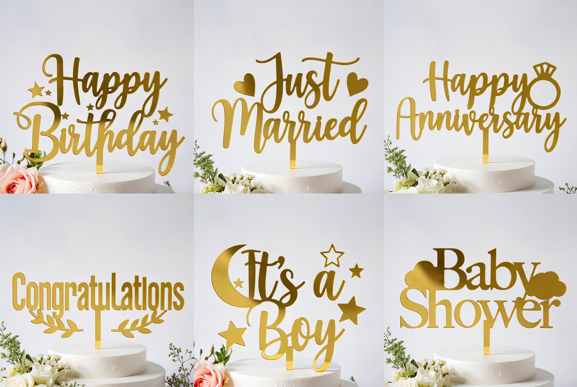 Gold acrylic cake toppers for birthday, wedding, anniversary, congratulations, baby shower on white cakes with flowers