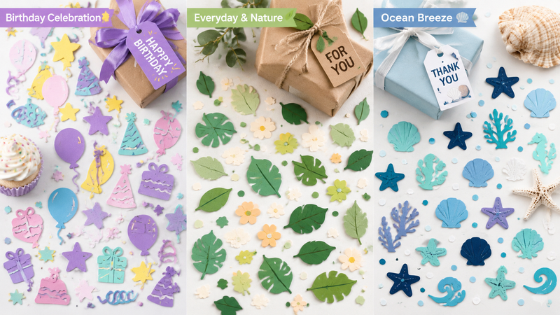 Autumn-themed colorful confetti in pumpkin, leaf, and acorn shapes scattered on white background.