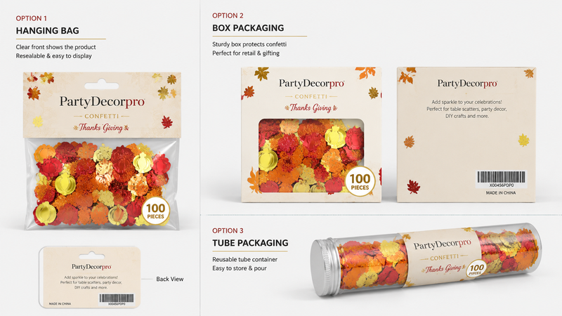 Autumn metallic confetti packaging mockup featuring hanging bag, gift box, and clear tube packaging designs for festive party decorations