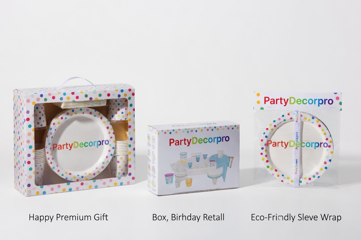 Three different professional packaging options for birthday party tableware sets including premium gift box, retail box and eco sleeve wrap