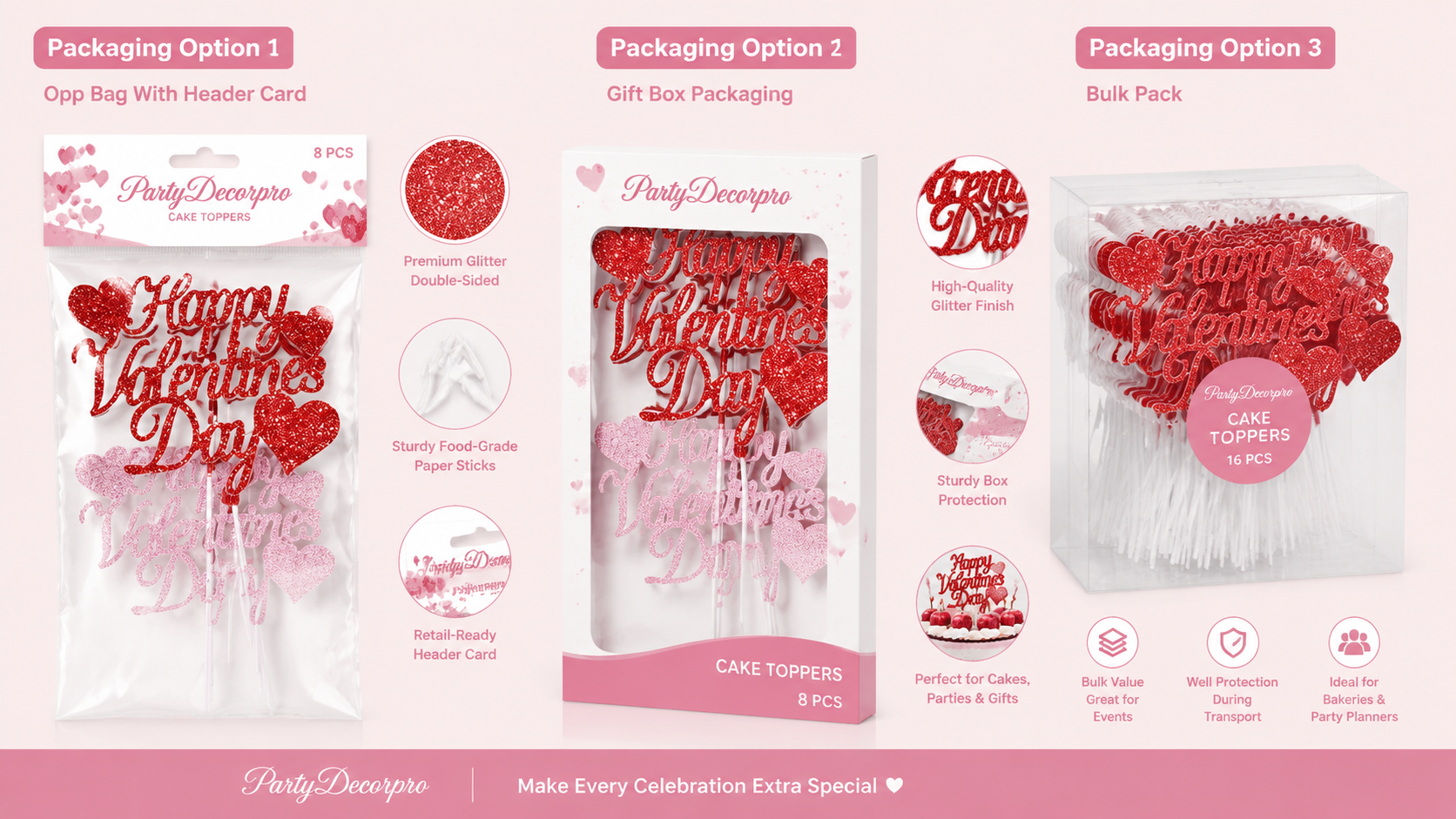Valentine’s Day cake topper packaging options with glitter designs and customizable retail-ready display