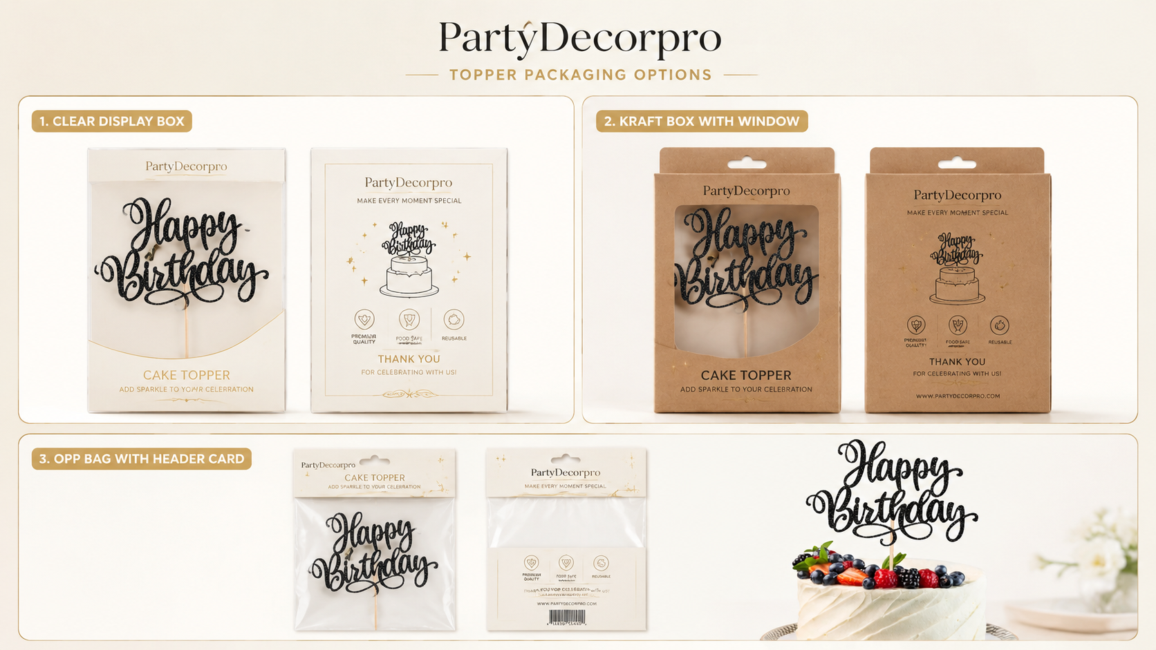 Customizable cake topper packaging options display showing multiple styles and elegant presentation.