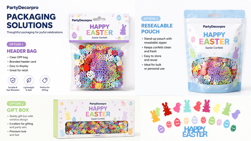Party confetti packaging design featuring Easter themed confetti in header bags, resealable pouches, and gift box packaging with colorful retail presentation and customizable branding solutions