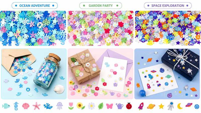 Colorful confetti with various shapes and themes for party decoration and crafts.