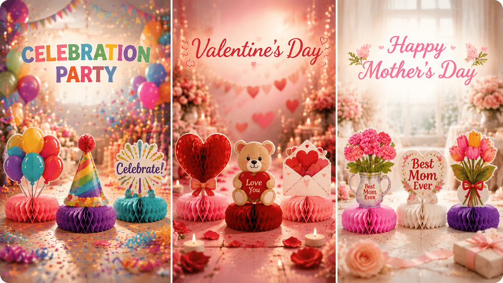 Festive honeycomb tabletop centerpieces for Celebration Party, Valentine's Day, and Mother's Day, colorful and decorative