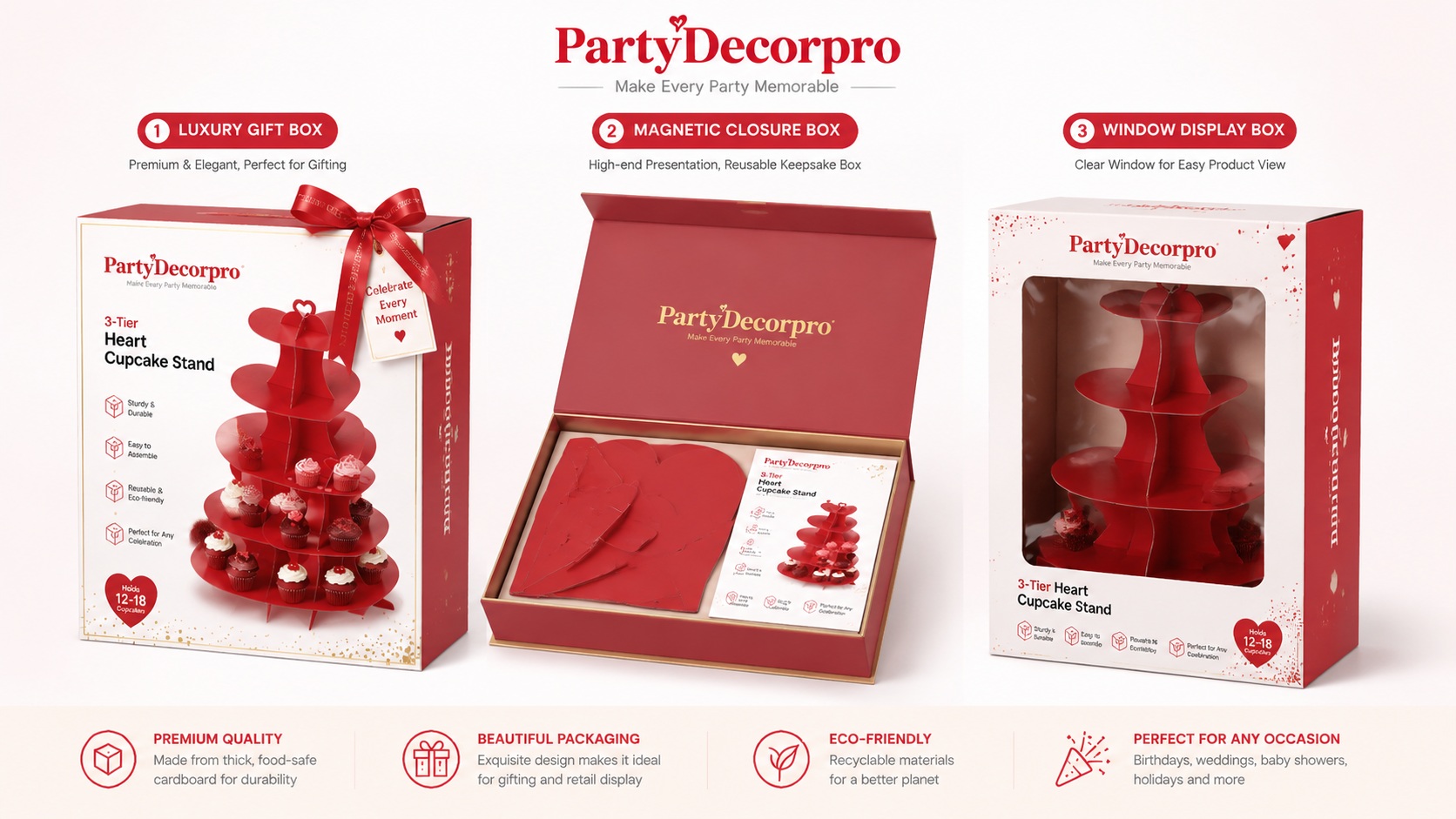 Premium 3D heart-shaped cupcake stand packaging in luxury gift box, magnetic closure box, and window display box options, elegant and protective.