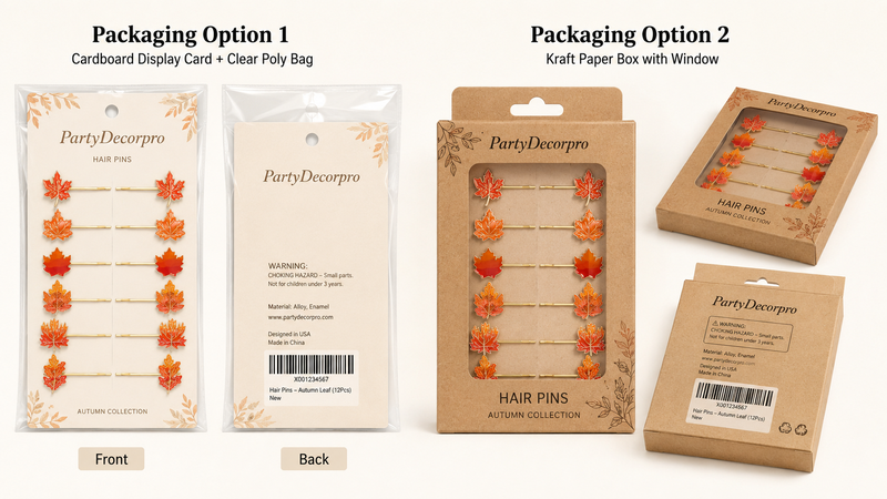Autumn maple leaf hair pin packaging mockup with clear display card poly bag and window kraft paper box retail packaging concepts