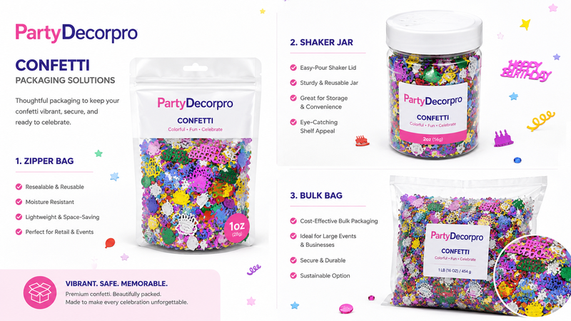 Packaging showcase of colorful birthday confetti featuring zipper pouch, shaker jar, and bulk bag packaging solutions with customizable branding options for retail and wholesale use