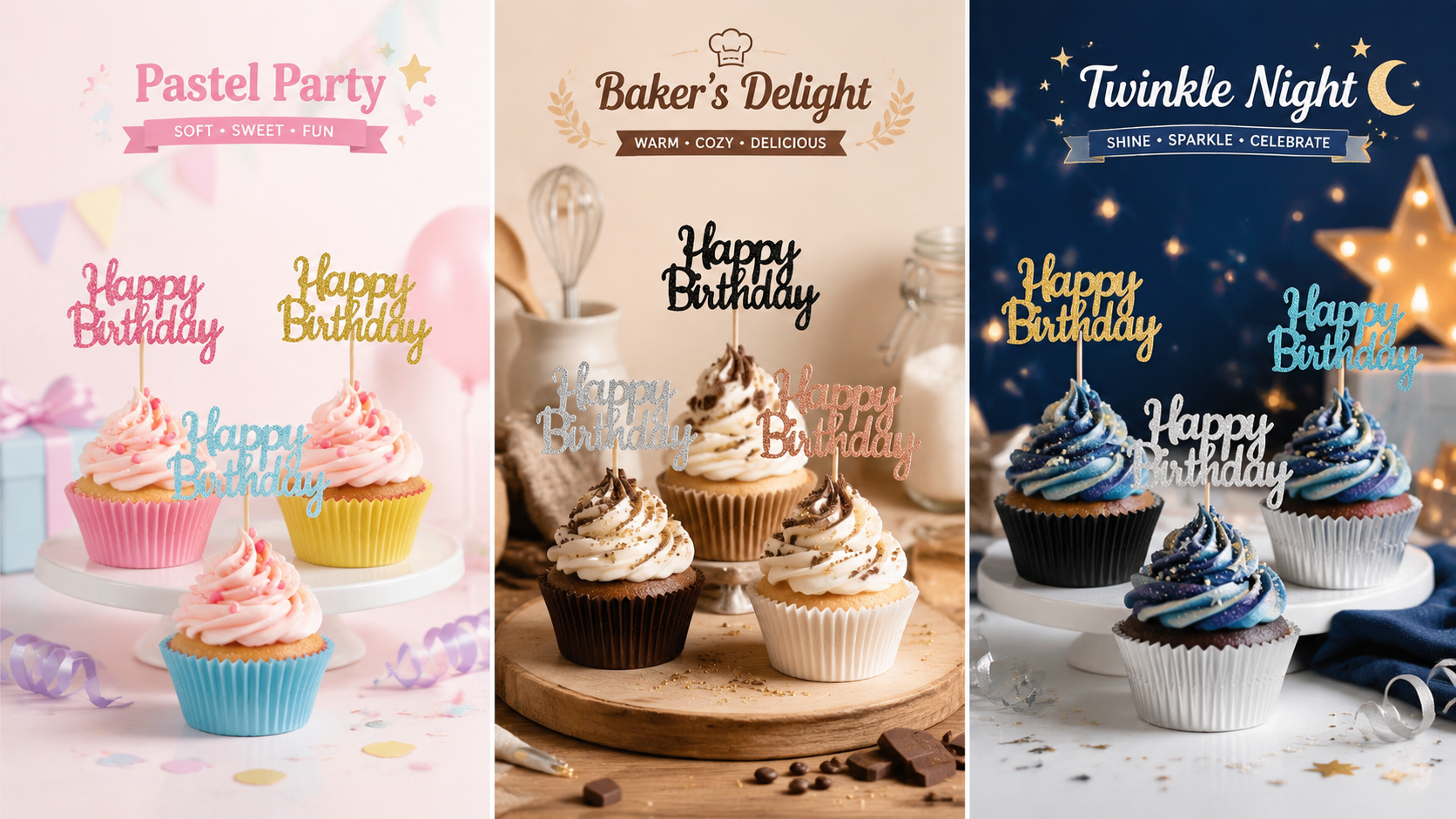 Customizable glitter "Happy Birthday" cupcake toppers in multiple colors on decorated cupcakes for themed celebrations.