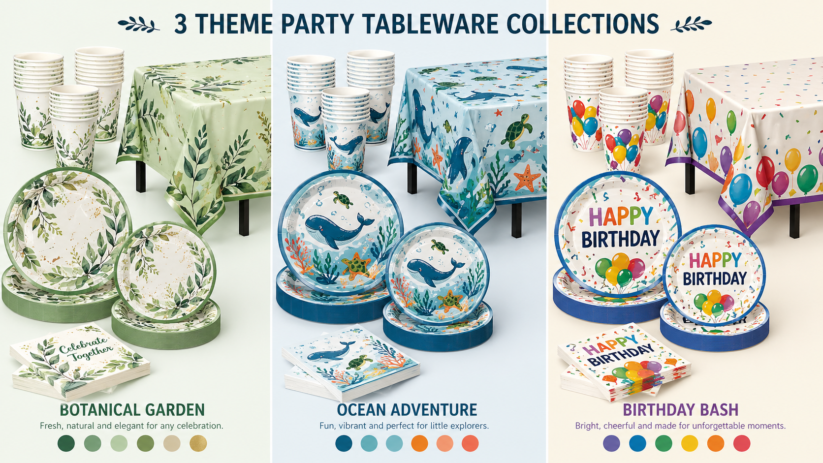 Disposable party tableware set with botanical ocean and birthday themes including plates cups napkins and tablecloth for themed party decoration customization