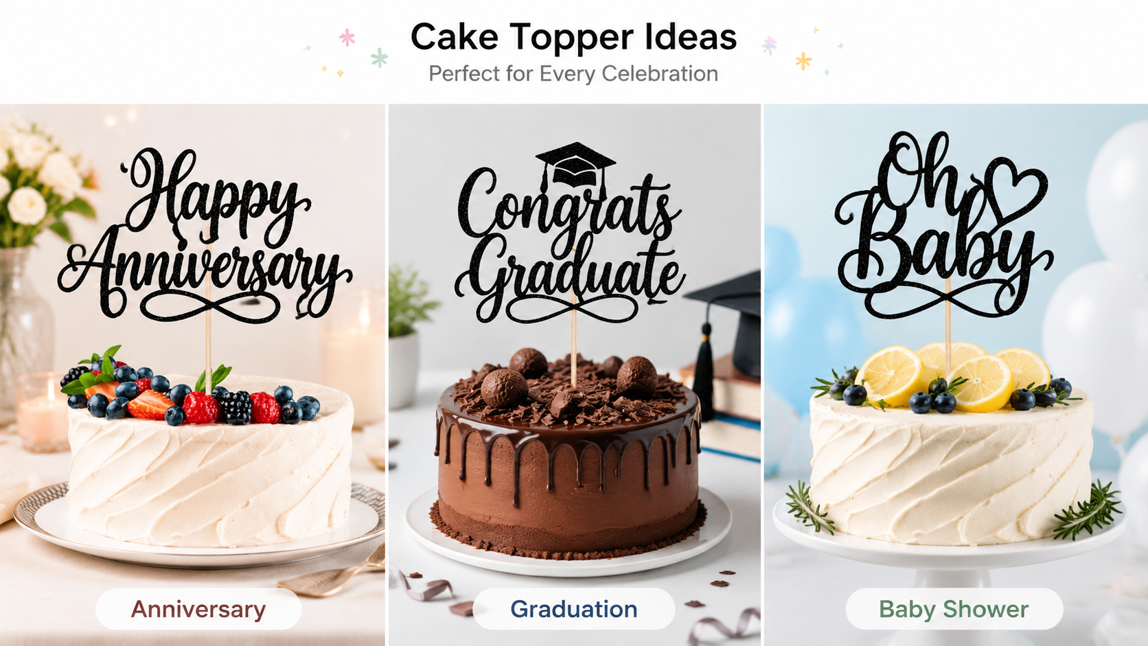 Three beautifully decorated cakes with custom black script toppers for anniversary, graduation, and baby shower celebrations.
