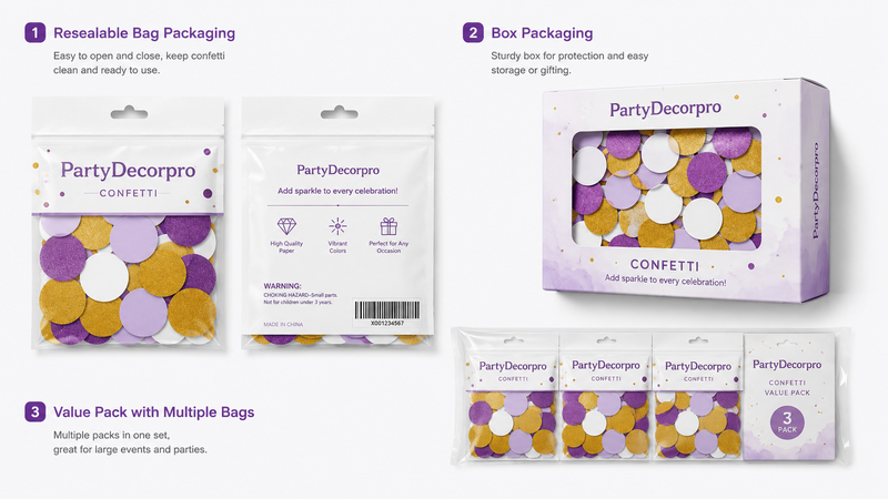 16:9 packaging showcase featuring multiple confetti packaging concepts including resealable pouches, window gift boxes, and value packs with purple, gold, and white party confetti for customizable retail branding presentation.