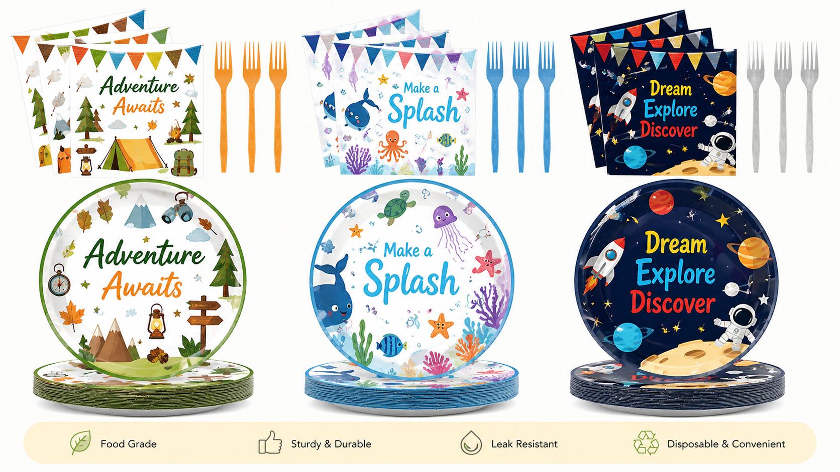 Disposable themed party tableware set with plates napkins and forks in adventure ocean and space designs