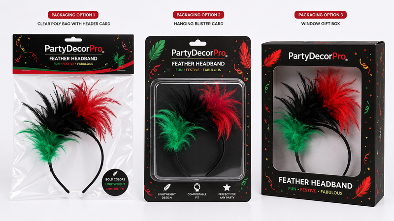 Custom packaging solutions for festive feather headbands featuring retail hang cards, poly bag packaging and display box presentation styles