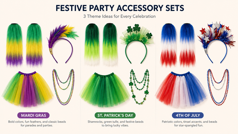 Festive party accessory sets featuring feather headbands, gradient wigs, tutu skirts and bead necklaces for Mardi Gras and themed celebrations