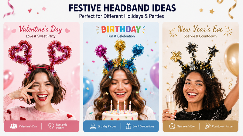 16:9 festive party headband concept display featuring Valentine's Day, Birthday and New Year themed metallic tinsel headband designs for holiday celebrations