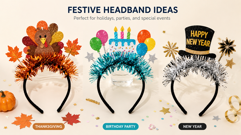 Assorted festive tinsel headbands featuring Thanksgiving turkey, birthday cake and New Year party themes with colorful glitter decorations and custom design options