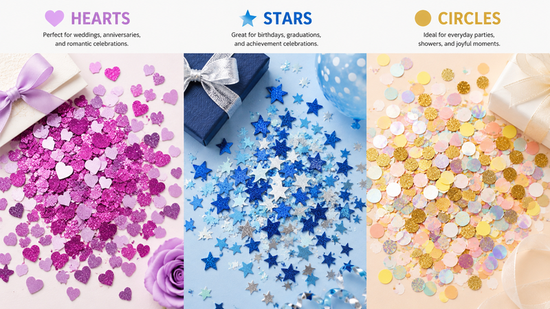 Wide 16:9 collage featuring custom glitter confetti in heart, star, and circle shapes with colorful sparkling finishes for party and event decorations