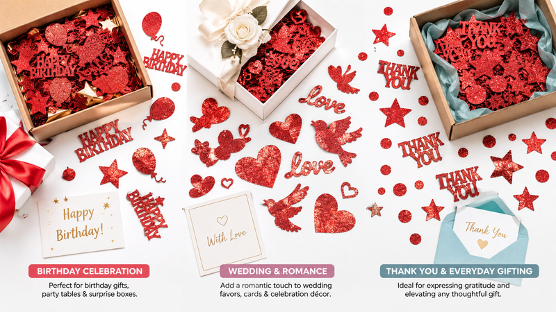 16:9 glitter confetti showcase featuring birthday, wedding romance and thank you themes with custom shaped party decorations in assorted designs
