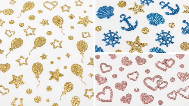16:9 collage displaying three customized glitter confetti themes including party balloons and stars, nautical seashell and anchor designs, and romantic heart shapes on a clean white background.