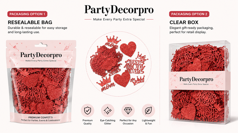 Comparison of custom glitter confetti packaging solutions featuring resealable pouch and transparent display box styles for retail and branded presentation.