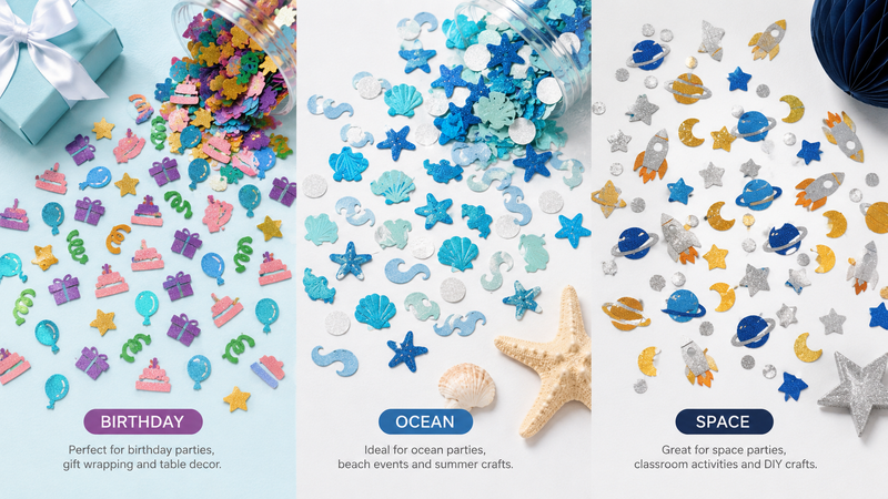 16:9 display of custom glitter confetti collections featuring birthday, ocean and space themes with colorful die-cut shapes for party and seasonal decoration inspiration