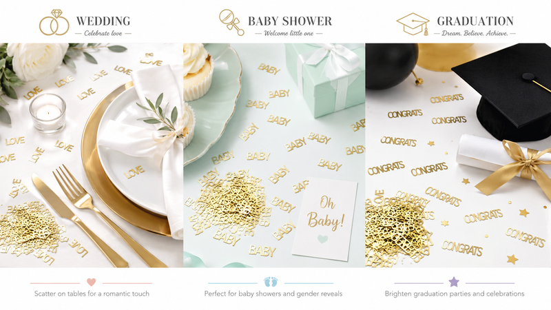 16:9 themed collage featuring gold metallic custom word confetti for wedding, baby shower, and graduation party decorations