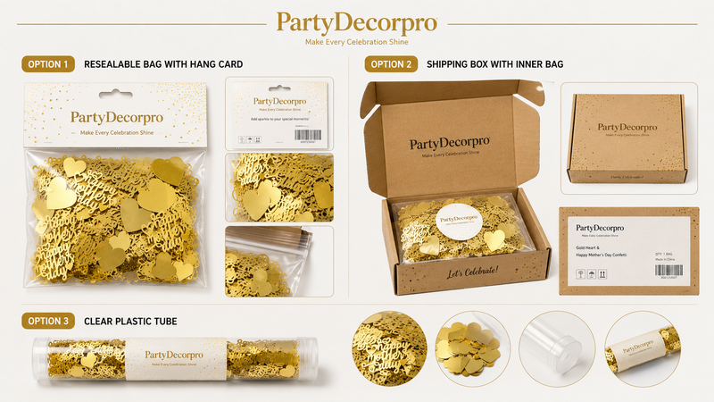 Gold Mother's Day confetti packaging display featuring resealable bag, gift box with inner pack, and clear plastic tube packaging solutions for branded party supplies