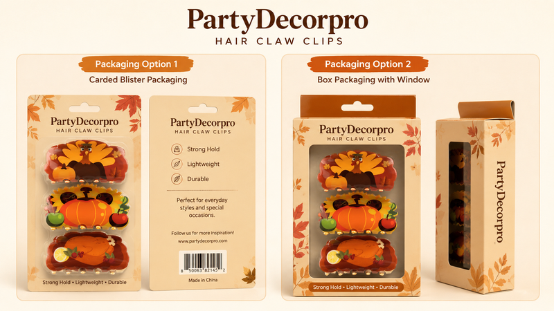 Autumn themed hair claw clip packaging presentation featuring custom carded blister packaging and window box packaging designs for retail display and wholesale branding solutions