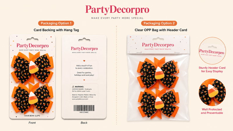 Halloween candy corn bow hair clips displayed in custom retail packaging concepts including card backing and clear bag header card styles for branded presentation and wholesale packaging solutions