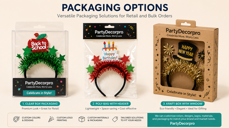 Custom packaging options for festive novelty headbands featuring hang card, clear bag and display box solutions for retail and wholesale presentation