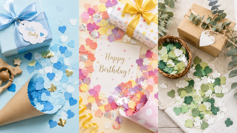 Three themed heart confetti design concepts for baby shower, birthday, and wedding party decorations in pastel colors