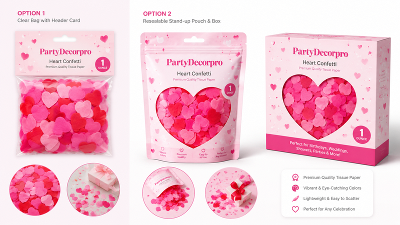 Heart-shaped confetti packaging mockup featuring clear header bags, resealable stand-up pouches, and retail gift box packaging designs in pink themed presentation