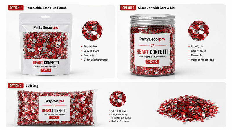 16:9 packaging presentation of heart-shaped red and silver party confetti featuring resealable pouch, clear jar, and bulk bag packaging concepts with custom branding display options
