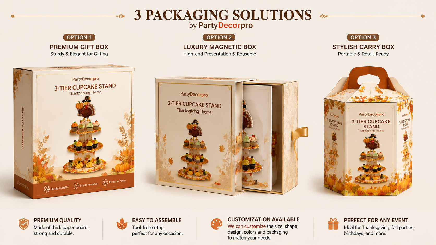 Three premium customizable packaging options for three-tier cupcake stands, elegant and versatile.