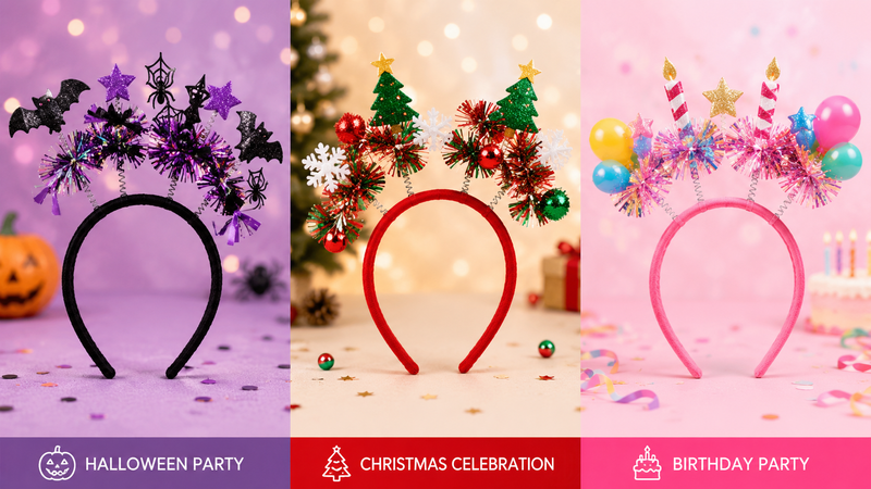 Assorted festive tinsel headband designs featuring Halloween, Christmas and birthday party themes with glitter decorations and colorful seasonal elements