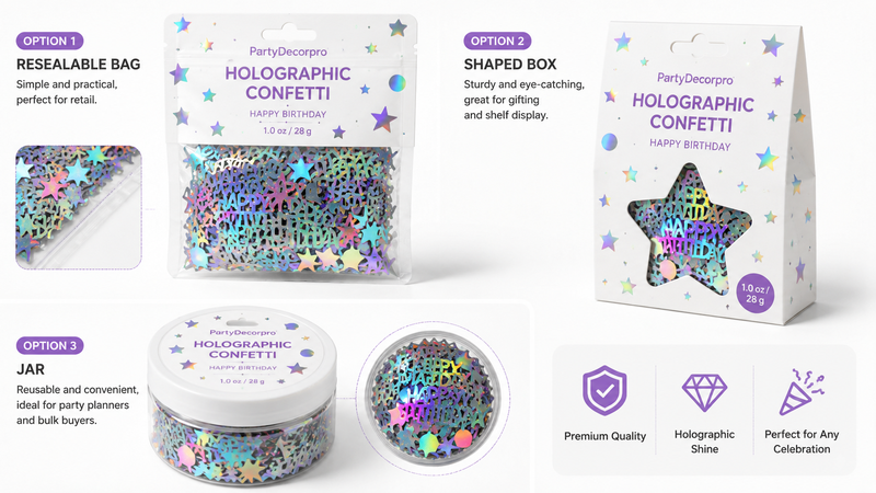 Holographic Happy Birthday confetti packaging presentation featuring resealable pouch, display box and transparent jar packaging solutions for retail and custom branding applications