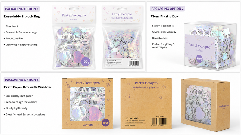 16:9 packaging mockup featuring holographic wedding confetti in multiple packaging styles including resealable pouch, clear display box, and kraft window box for custom private label branding