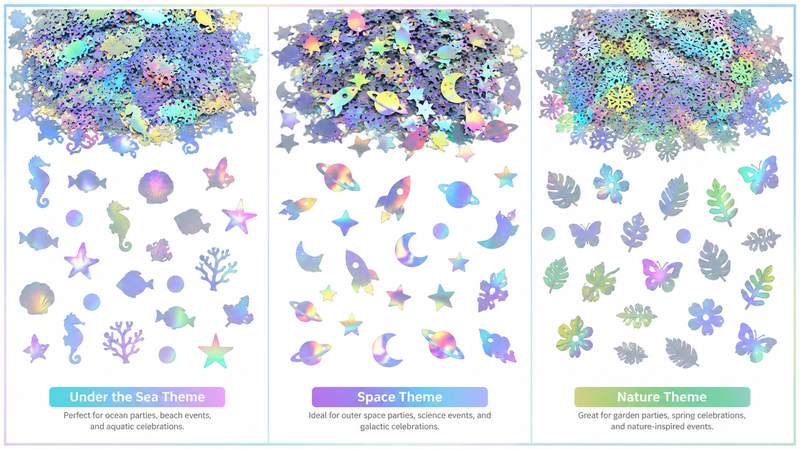 Holographic themed confetti assortment featuring undersea, space, and nature-inspired shapes with colorful iridescent finishes for party decoration and event supplies