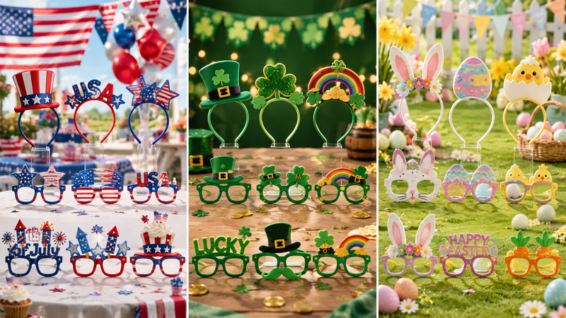Three themed party collections featuring Independence Day, St. Patrick’s Day and Easter headbands and novelty glasses with immersive festive background scenes in a 16:9 layout