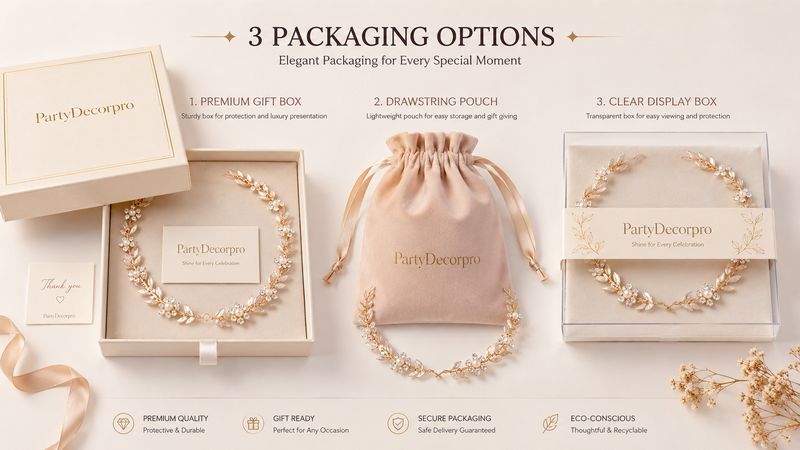 Luxury headpiece packaging concepts featuring premium gift box, velvet drawstring pouch and transparent display box with custom branding presentation in a 16:9 layout