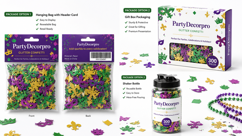 Party confetti packaging mockup featuring hanging bag, window gift box and bottle packaging concepts with colorful Mardi Gras themed glitter confetti for retail and custom branding display
