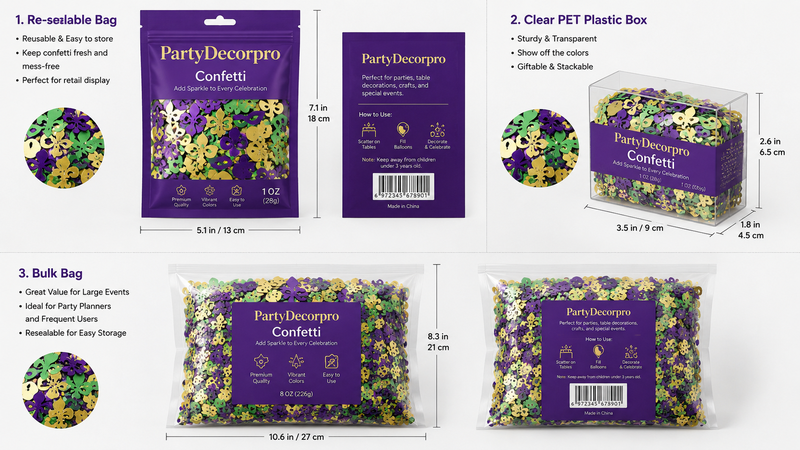 Multiple custom packaging concepts for colorful Mardi Gras themed confetti including resealable pouch, transparent display box, and bulk packaging with professional retail presentation for party decoration products.