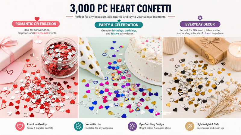 16:9 collage showcasing three custom metallic confetti design themes with mixed shapes and colors for party decoration, table scatter, and event styling applications