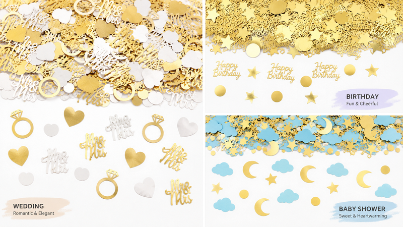 16:9 custom metallic party confetti collage featuring wedding, birthday, and baby shower themed foil shapes with premium decorative details
