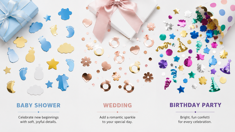 Metallic themed confetti assortment for baby shower wedding and birthday party decorations with colorful glossy foil shapes and custom design options