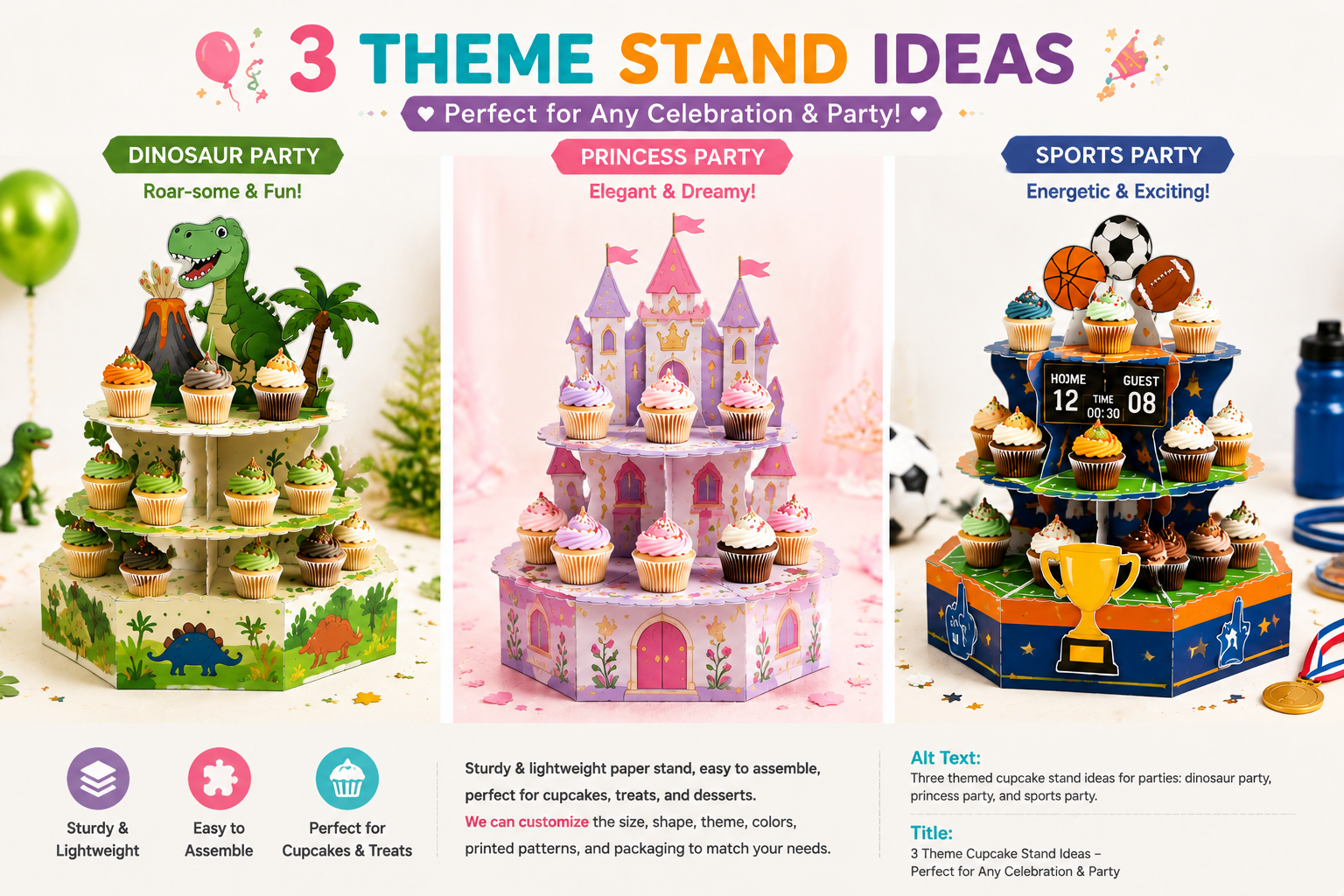 Multi-shaped themed cupcake stands for dinosaur, princess, and sports parties, colorful and easy to assemble.