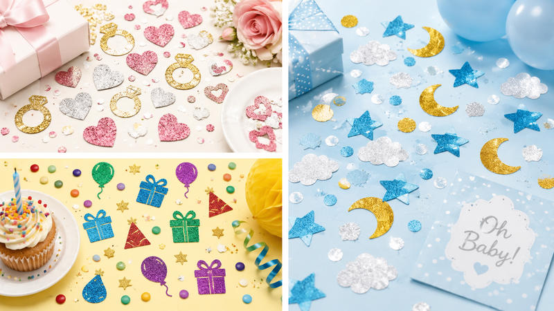 Multi-theme glitter confetti collection featuring hearts, stars, gifts, clouds, moons and party-inspired decorative cutouts for celebration and event decoration