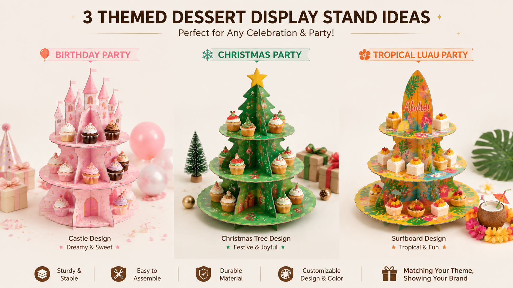Three multi-themed cupcake stands for birthday, Christmas, and tropical luau parties, colorful and sturdy.